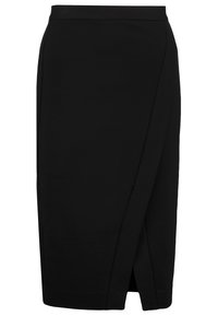 Svart inwrap kjol gjord av strukturerad tyg. Den har en figursydd midja och en knälång design med en sned fåll för extra rörelse.