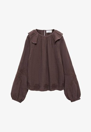 Blusa marrone con texture, maniche lunghe a sbuffo, scollatura plissettata e ricami decorativi lungo le maniche e l'orlo. Chiusura a occhiello sul retro.