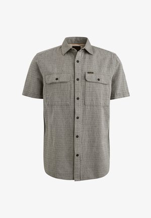 Korte mouwen overhemd met knopen in grijze stof met een gestructureerd patroon, twee voorzakken en zwarte knopen. De afwerking is duidelijk.