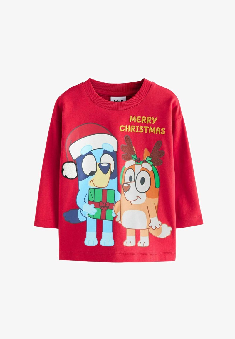 Sudadera roja de manga larga con personajes de dibujos animados sosteniendo un regalo, con el texto "FELIZ NAVIDAD" destacado arriba.