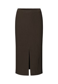 Ribbed midi-hame tummanruskeana, suoran leikkauksen ja etureiän kanssa. Valmistettu joustavasta kankaasta, jossa on muotoiltu vyötärö.