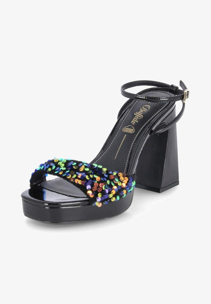 Mustad mustakäised sandaalid ruudukujulise kanna ja mitmevärviliste sequins'idega kaunistatud rihmaga. Sile patendist viimistlus, reguleeritav pahkluu rihm.