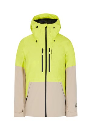 Waterdichte jas met een felgele bovenkant en een tan onderste sectie, voorzien van een capuchon, twee voorzakken met rits en geperforeerde ventilatiedetails.