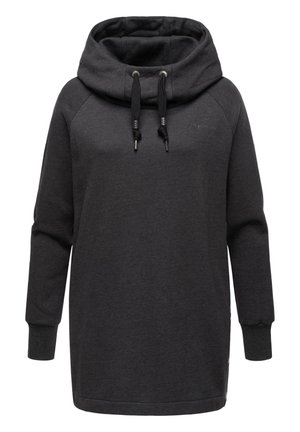 Ciemnoszara sukienka z długim rękawem i kapturem, z regulowanym ściągaczem przy kapturze oraz prążkowanymi ściągaczami na rękawach, z subtelnym haftowanym logo na piersi.