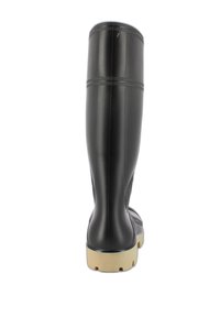 Bottes en caoutchouc noires jusqu'aux genoux avec une surface texturée, une forme droite et une semelle de couleur claire ; présente deux lignes horizontales près du haut.