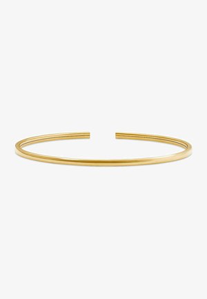 Guldtonet metal armring med en glat, poleret finish. Har et åbent design med afrundede ender og en slank, minimalistisk form.