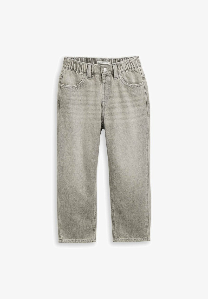 Svijetlosivi traper hlače s elastičnim pojasom, pet džepova i ravnim krojem. Sadrže lagano istrošenost i suptilno izblijedjenje.