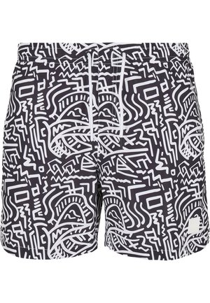 Schwarze Schwimmshorts mit einem weißen abstrakten Muster, hergestellt aus leichtem Material, mit einem elastischen Bund und Kordelzug.