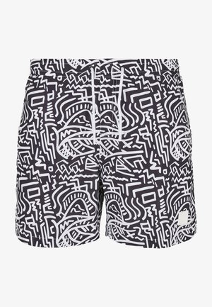 Schwarze Schwimmshorts mit einem weißen abstrakten Muster, hergestellt aus leichtem Material, mit einem elastischen Bund und Kordelzug.