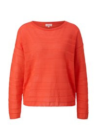 Top lungo trasparente rosso con maniche a sbuffo, texture a righe orizzontali e scollatura rotonda, caratterizzato da una vestibilità comoda e orlo dritto.