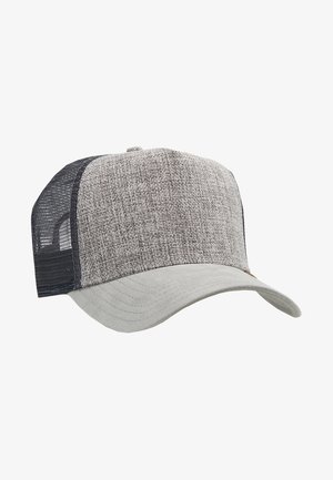 Hallitus halli kork, millel on tekstuuriga kangas ees ja hall võrgupind taga, kujuga äär ja peened õmblusdetailid.