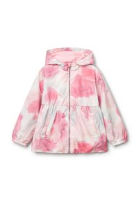 Giacca leggera con cappuccio e zip frontale. Il tessuto presenta un motivo floreale rosa su sfondo bianco, con dettagli arricciati in vita.