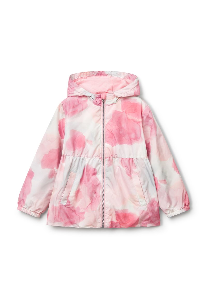 Giacca leggera con cappuccio e zip frontale. Il tessuto presenta un motivo floreale rosa su sfondo bianco, con dettagli arricciati in vita.