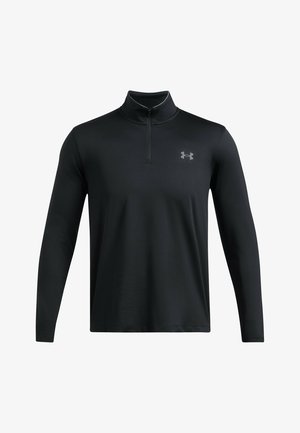 Sort langærmet pullover med en kvart lynlås, der har en blød tekstur og et diskret gråt logo på venstre bryst. Ideel til aktivt tøj.