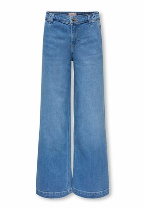 Jean en denim bleu à jambes larges avec taille haute, fermeture par boutons, passants pour ceinture et poches avant.