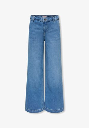 Široke kavbojke iz modrega jeansa z visokim pasom, zapiranjem na gumbe, zanke za pas in sprednjimi žepi.