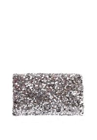 Silberne Pailletten-Clutch in rechteckiger Form mit einer strukturierten Oberfläche, die mit funkelnden Pailletten bedeckt ist. Kompaktes Design, keine sichtbaren Beschläge.