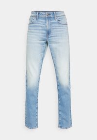 Ljust blå denimjeans med rak bendesign, med en urtvättad finish, femficksdesign och knäppning med metallknapp.