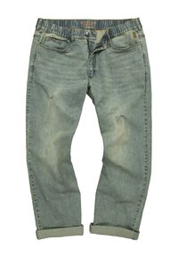 Ljusblå denimjeans med en avslappnad passform, uppvikta fållar, fem fickor och elastisk midja. Blyertsfärgning genom hela plagget ger textur.