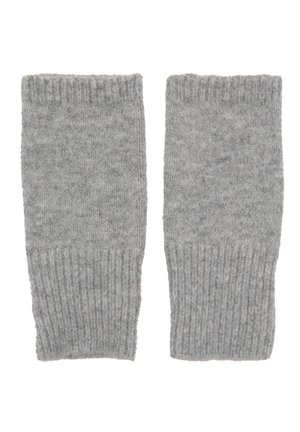 Sive brezprstne rokavice iz mehke pletene tkanine. Rebrasta tekstura na zgornjem in spodnjem robu, s preprostim, brezšivnim dizajnom.