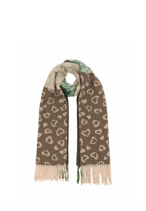 Brown and beige scarf with heart patterns, fringed ends, and a green and light beige section, folded in a loop on a white background.