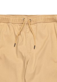Khaki szorty z elastycznym paskiem w talii, sznurkiem do regulacji, metalowymi oczkami i gładkim, teksturowanym materiałem.
