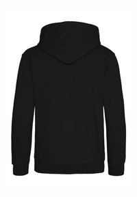 Sudadera negra con capucha ajustable, mangas largas y puños y dobladillo acanalados, fabricada con un tejido suave y sin patrones visibles.
