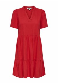 Vestido rojo de manga corta con escote en V, diseño en capas y un corte relajado. Fabricado con una tela ligera de textura suave.