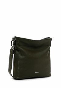 Dark green leather shoulder bag with a smooth texture, featuring a zip closure and an adjustable strap. Displayed at an angle.