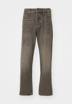 Brown denim jeans with a straight leg design, featuring a faded texture, traditional five-pocket styling, and metal button closure.