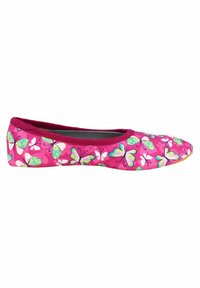 Rosa Stoff-Ballerinas mit einem Schmetterlingsmuster in Grün, Blau und Weiß, abgerundeter Zehenpartie und flexibler Sohle.