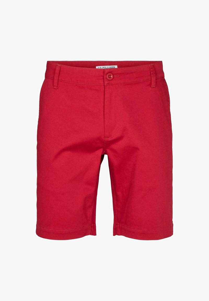 Shorts rouges pour hommes à la longueur genou, avec passants de ceinture, bouton devant et fermeture éclair, en tissu lisse.