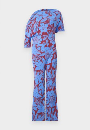 Floral jumpsuit featuring an off-shoulder design with a blue and burgundy pattern, made of smooth fabric with a fitted silhouette and flared pant legs.