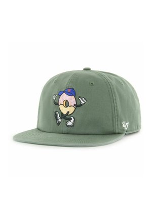 Green cap featuring an embroidered donut character wearing a blue cap, with a flat brim and cotton fabric. Logo '47' on the side.