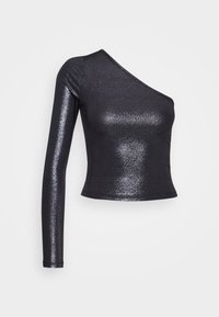 Schwarzes, einseitig geschnittenes Langarmoberteil mit glänzender, glitzernder Textur und asymmetrischem Ausschnitt.