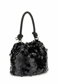 Petit sac à main noir recouvert de sequins ronds brillants, avec une poignée courte et épaisse nouée à des anneaux en métal.