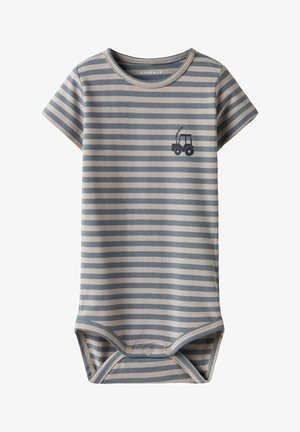 Striped bodysuit in beige and blue, cotton material, short sleeves, features a small tractor design on the chest, snap closures at the bottom.