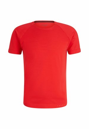 T-shirt rouge à manches courtes avec un col rond, texture lisse et un logo subtil près de l'ourlet. Doté de manches raglan et de coutures uniformes.