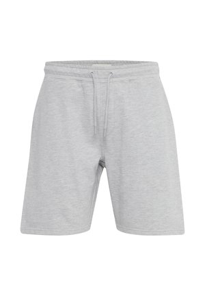 Heledat hallid puuvillased lühikesed püksid elastse vöökoha ja paelaga, mis on mugava lõikega ja sileda tekstuuriga ilma mustriteta.