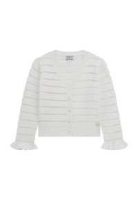 Weißer Cardigan mit V-Ausschnitt, Knopfschluss, gerippten Bündchen und strukturierten horizontalen Streifen. Der Stoff hat ein weiches, leichtes Erscheinungsbild.