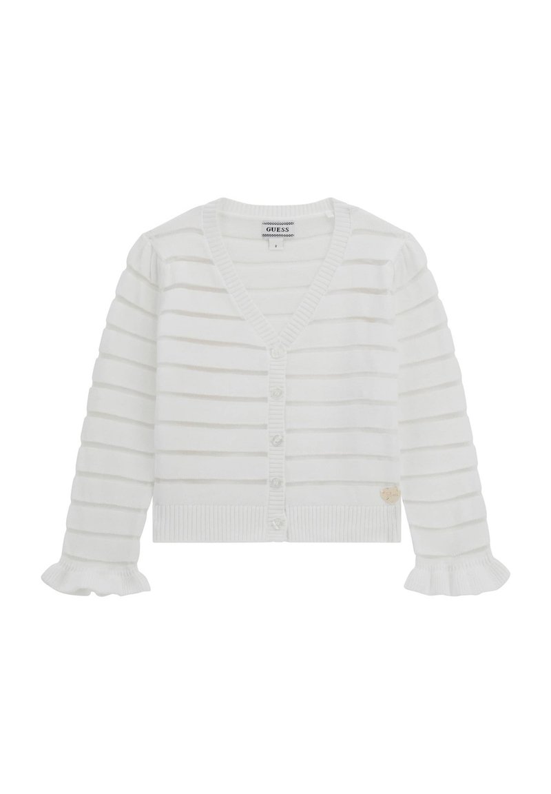 Weißer Cardigan mit V-Ausschnitt, Knopfschluss, gerippten Bündchen und strukturierten horizontalen Streifen. Der Stoff hat ein weiches, leichtes Erscheinungsbild.