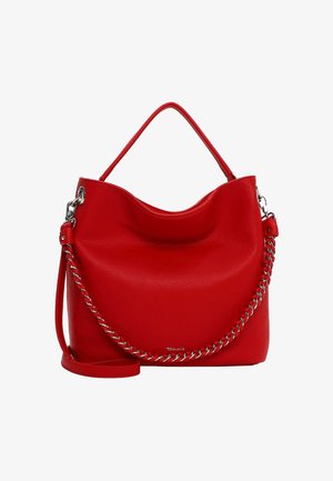 Borsa a tracolla in pelle rossa con superficie texturizzata, caratterizzata da un design morbido, una maniglia superiore e una tracolla decorativa a catena.