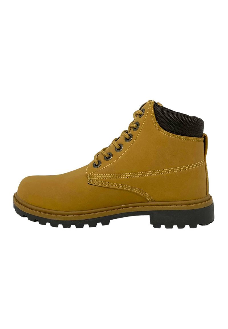 Brązowy skórzany but za kostkę z czarną siateczkową kołnierzem, okrągłym noskiem, sznurowanym zapięciem oraz solidną czarną gumową podeszwą z bieżnikiem.