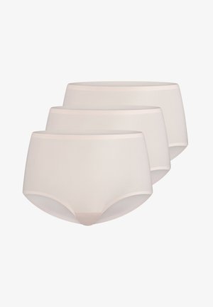 Trzy pary jasnobeżowych, bawełnianych majtek z wysokim stanem, o gładkiej fakturze i elastycznym pasku w talii. Prosty design bez wzorów czy akcentów.