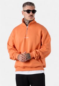 Oranges Halb-Zip-Sweatshirt aus weichem Stoff. Es hat weite Ärmel, einen gerippten Saum und ein kleines weißes Logo auf der Brust.