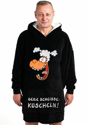 Felpa con cappuccio nera in pile con design di un volto di cane in stile cartone animato, con un'accenno bianco morbido e testo sottostante. Tasche anteriori e vestibilità oversize.