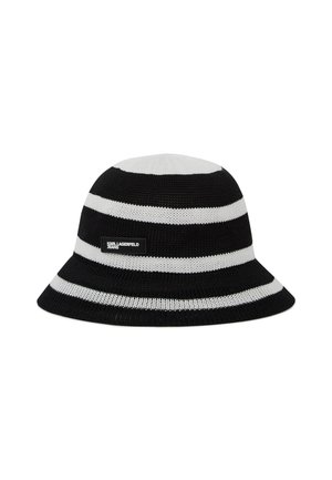 Mustvalge triibuline kootud ämbrimüts laiade äärega ja küljele kinnitatud ristkülikukujuline Karl Lagerfeld Jeans logo plaastriga.