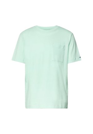 Light mint green cotton t-shirt with short sleeves and a small pocket on the left chest. Round neckline and straight hem. Simple design.