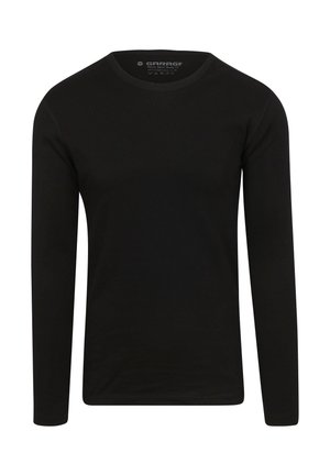 Zwarte lange mouwen t-shirt gemaakt van een zachte, lichte stof. Heeft een ronde halslijn en een getailleerde pasvorm met minimale naden.