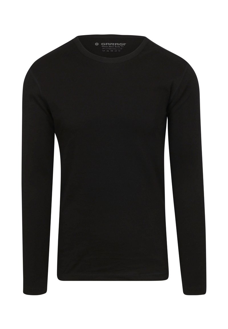 Zwarte lange mouwen t-shirt gemaakt van een zachte, lichte stof. Heeft een ronde halslijn en een getailleerde pasvorm met minimale naden.